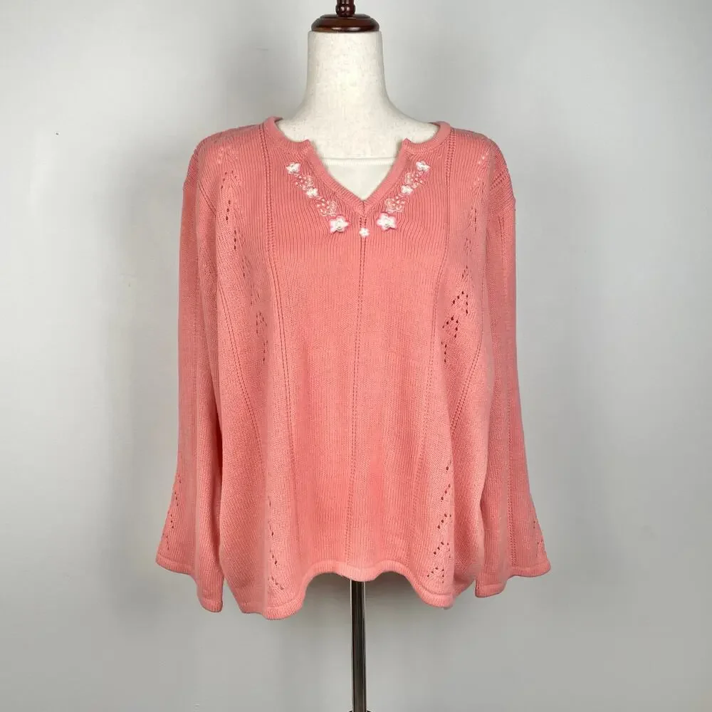 90s Vintage Floral Embroidered Coquette Sweater Peach Pink - Size 2X